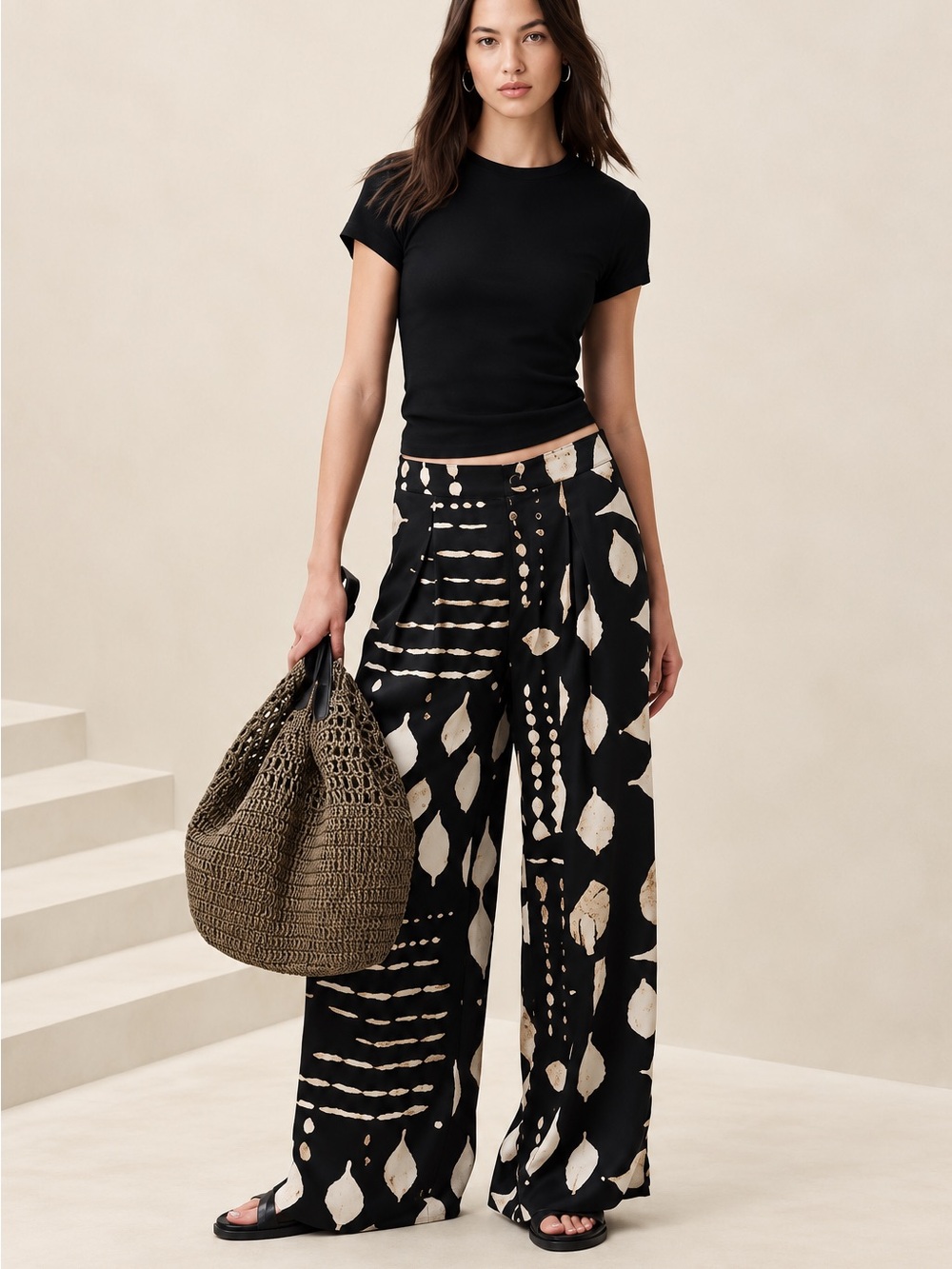 Banana Republic Black and Cream Wide-Leg Printed Trousers